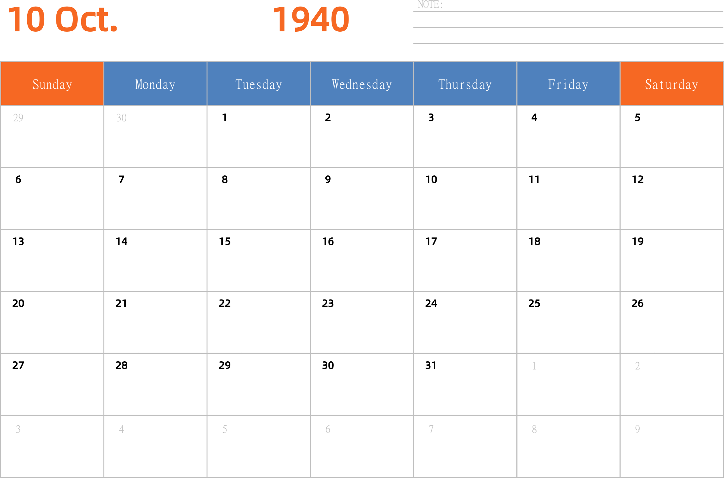 日历表1940年日历 英文版 横向排版 周日开始